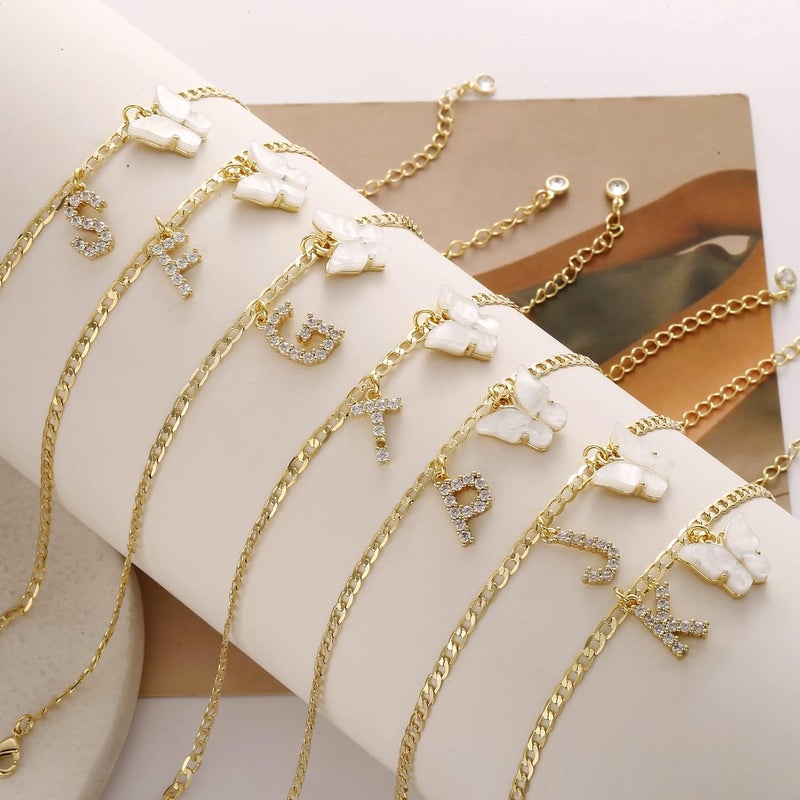 VIROMY 14K Gold Plated Dainty Butterfly Initial Ankle Bracelets Handmade Cuban Chain White Butterfly A-Z Alphabet Letter Initial Anklets Personalized Summer Beach Jewelry Gifts for Women - Image 5